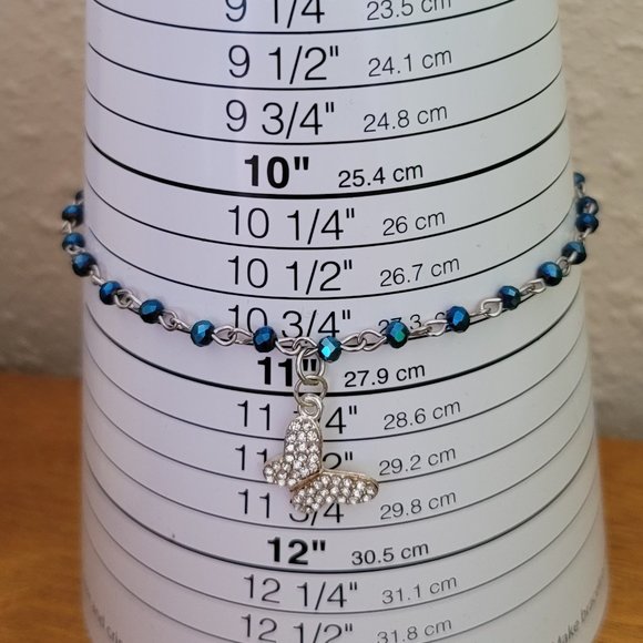 Anklet or Bracelet Silver Tone Blue Beads Butterfly Charm Fashion Jewelry - Picture 2 of 4